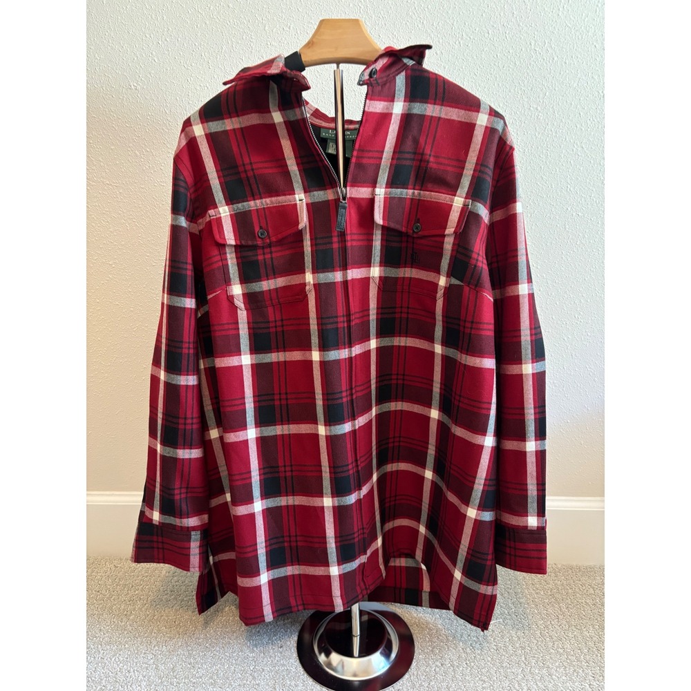 Lauren Ralph Lauren Wool Plaid‎ Shirt Jacket Womens 1X Red Shacket Quarter Zip